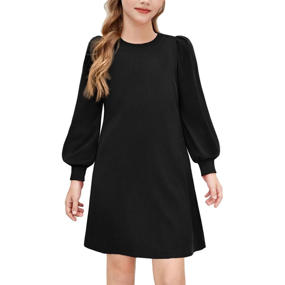 imageArshiner Girls Sweater Dress Fall Winter Knit Puff Long Sleeve Pullover Casual Dresses with PocketsBlack