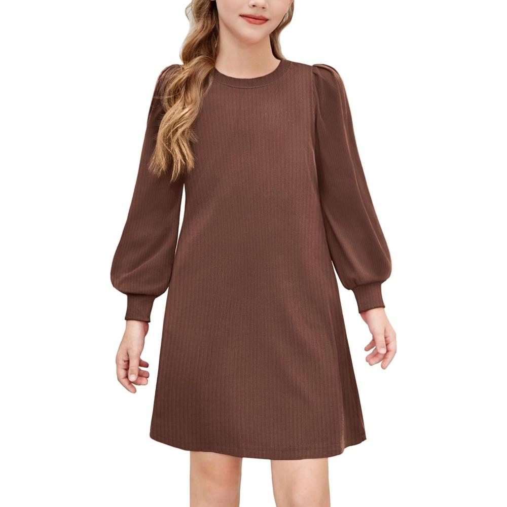 imageArshiner Girls Sweater Dress Fall Winter Knit Puff Long Sleeve Pullover Casual Dresses with PocketsCoffe