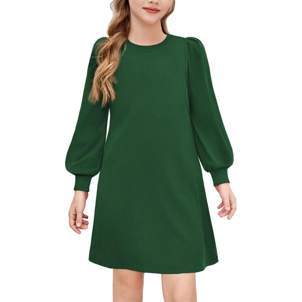imageArshiner Girls Sweater Dress Fall Winter Knit Puff Long Sleeve Pullover Casual Dresses with PocketsGreen