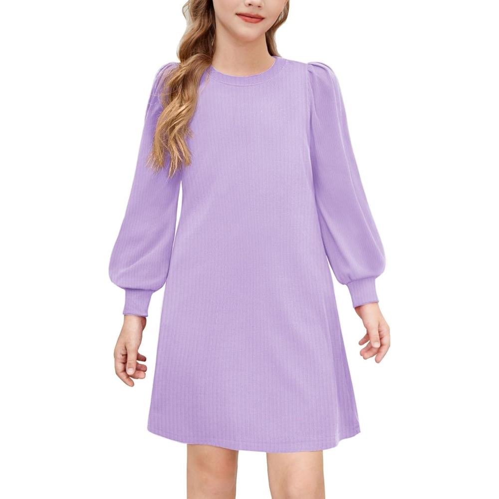 imageArshiner Girls Sweater Dress Fall Winter Knit Puff Long Sleeve Pullover Casual Dresses with PocketsLavender