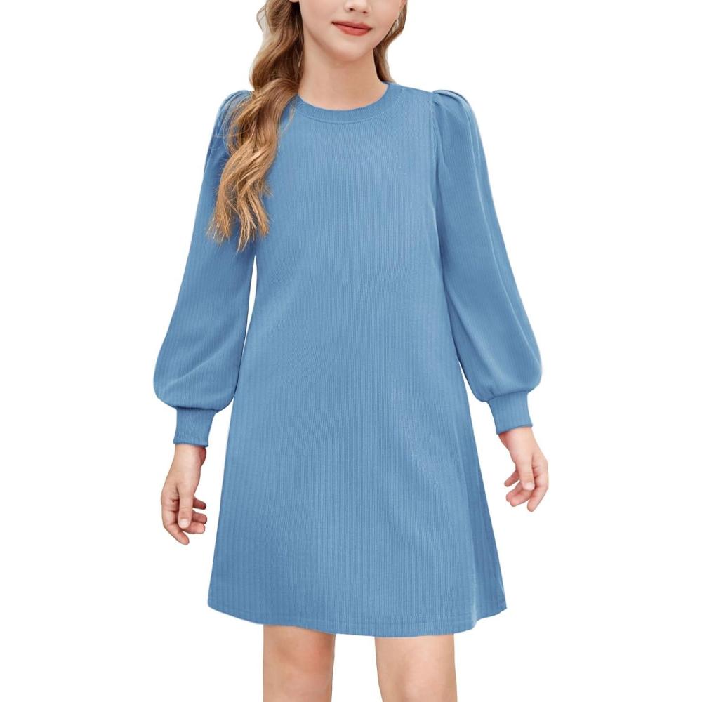 imageArshiner Girls Sweater Dress Fall Winter Knit Puff Long Sleeve Pullover Casual Dresses with PocketsLight Blue