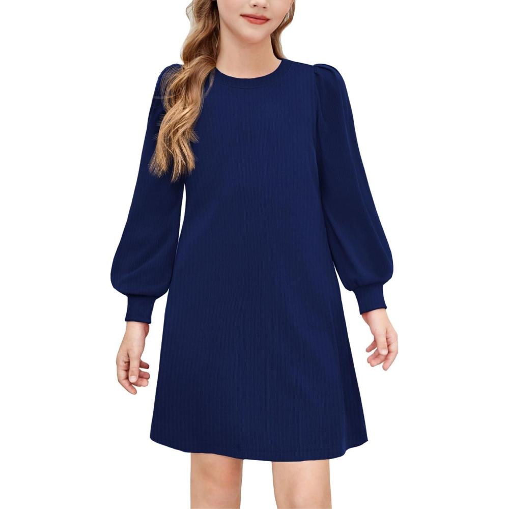 imageArshiner Girls Sweater Dress Fall Winter Knit Puff Long Sleeve Pullover Casual Dresses with PocketsNavy Blue