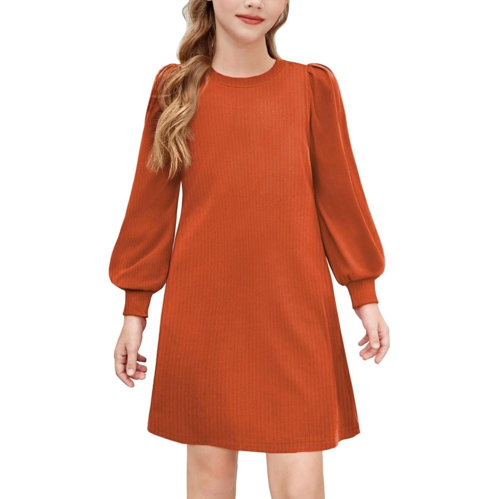 imageArshiner Girls Sweater Dress Fall Winter Knit Puff Long Sleeve Pullover Casual Dresses with PocketsOrange