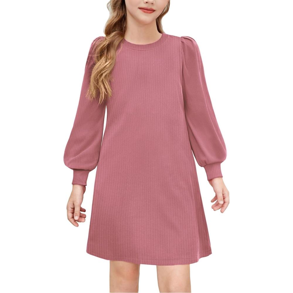 imageArshiner Girls Sweater Dress Fall Winter Knit Puff Long Sleeve Pullover Casual Dresses with PocketsPink
