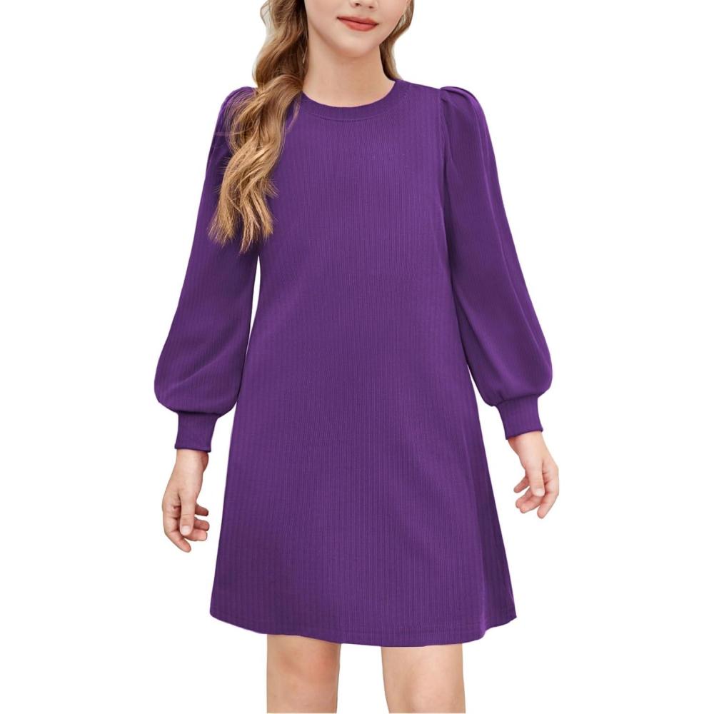 imageArshiner Girls Sweater Dress Fall Winter Knit Puff Long Sleeve Pullover Casual Dresses with PocketsPurple