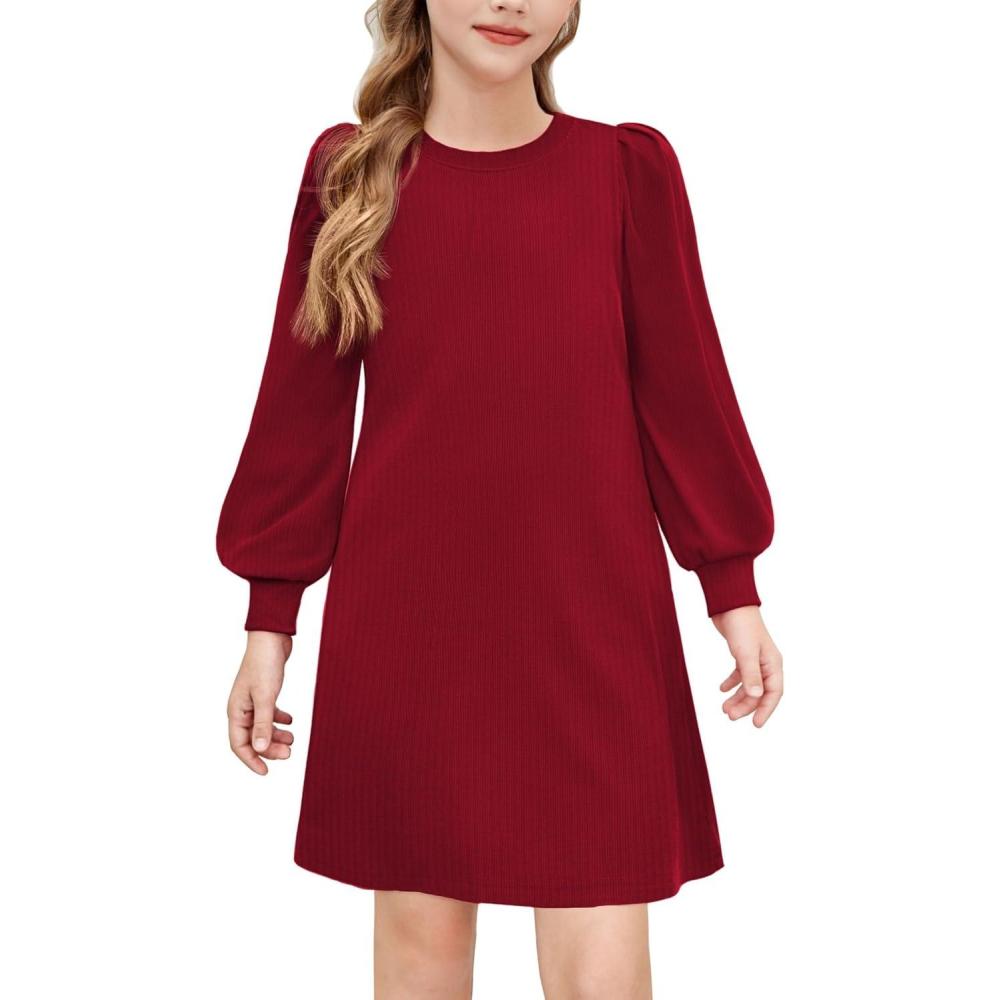 imageArshiner Girls Sweater Dress Fall Winter Knit Puff Long Sleeve Pullover Casual Dresses with PocketsRed