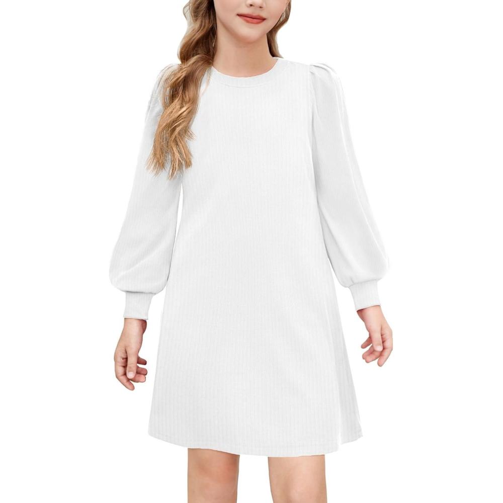 imageArshiner Girls Sweater Dress Fall Winter Knit Puff Long Sleeve Pullover Casual Dresses with PocketsWhite