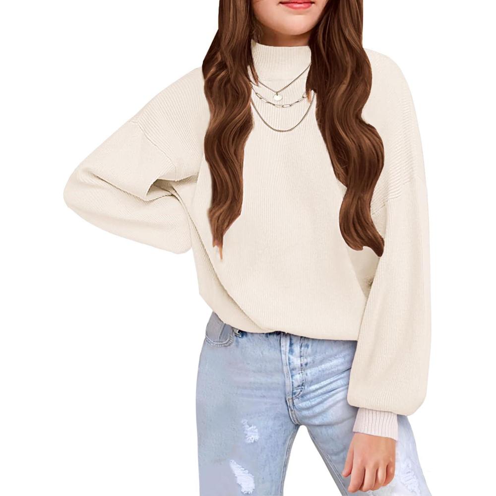 imageArshiner Girls Sweater Mock Neck Pullover Casual Latern Sleeve Knit Jumper TopsBeige