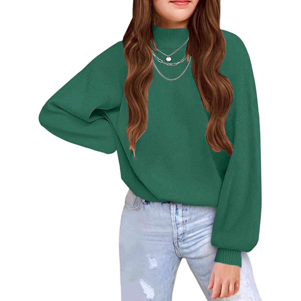imageArshiner Girls Sweater Mock Neck Pullover Casual Latern Sleeve Knit Jumper TopsGreen