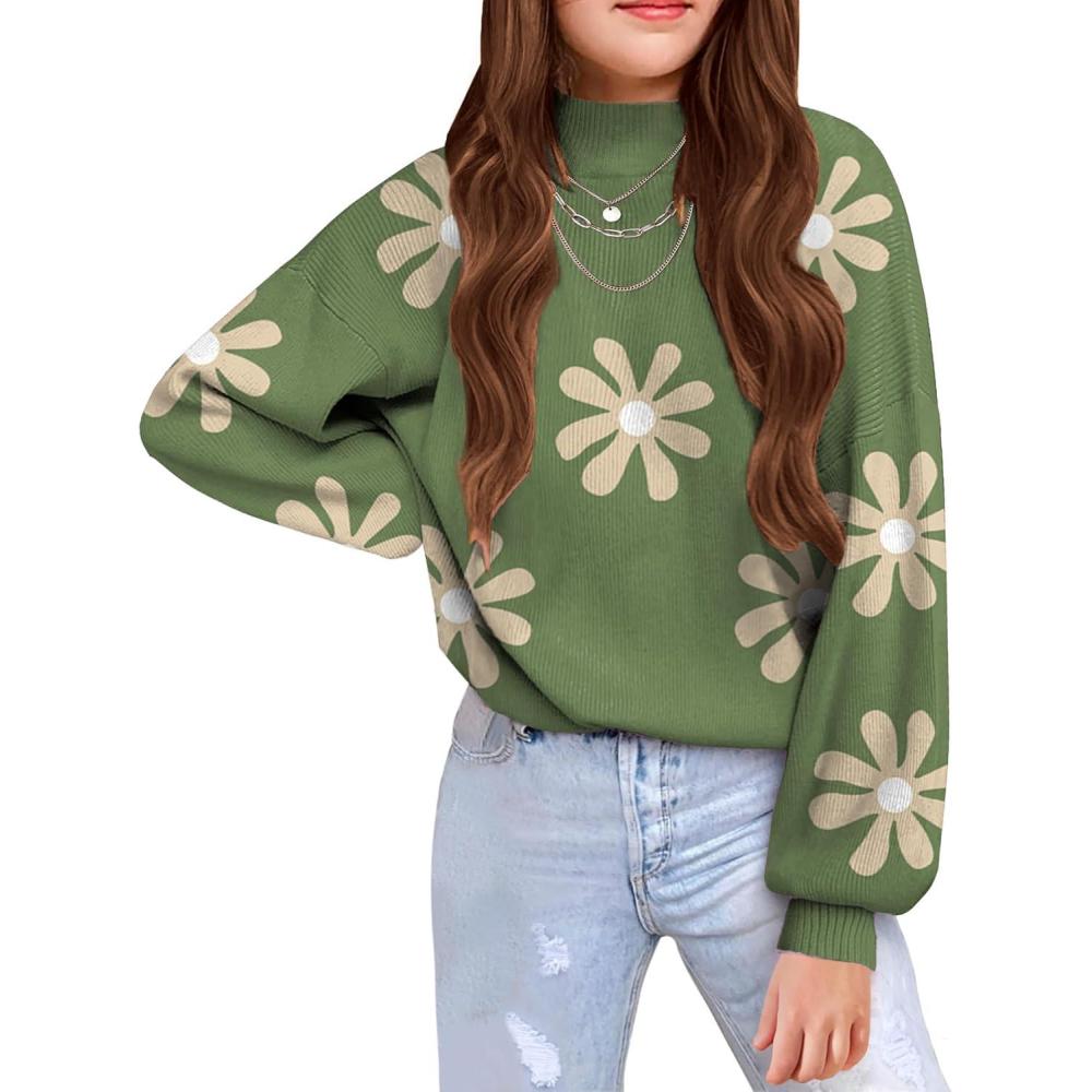 imageArshiner Girls Sweater Mock Neck Pullover Casual Latern Sleeve Knit Jumper TopsGreen With Pattern