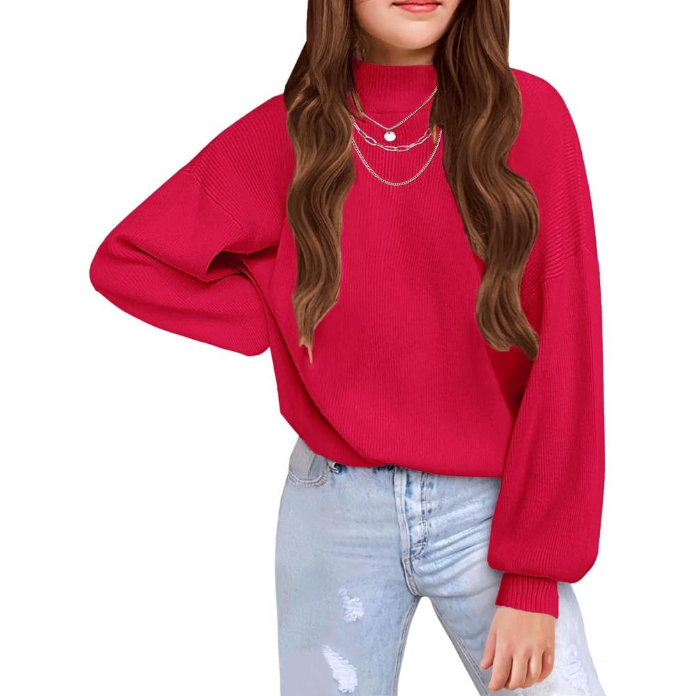 imageArshiner Girls Sweater Mock Neck Pullover Casual Latern Sleeve Knit Jumper TopsRed