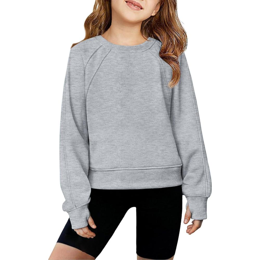 imageArshiner Girls Sweatshirt Crop Tops for Teens Cropped Crewneck Pullover Ribbed Long Sleeve Shirts Thumb HoleGrey