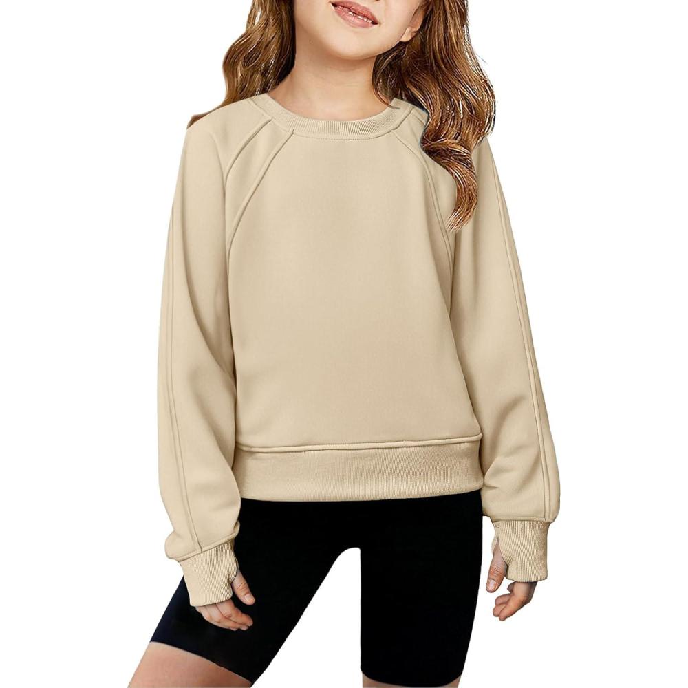 imageArshiner Girls Sweatshirt Crop Tops for Teens Cropped Crewneck Pullover Ribbed Long Sleeve Shirts Thumb HoleKhaki