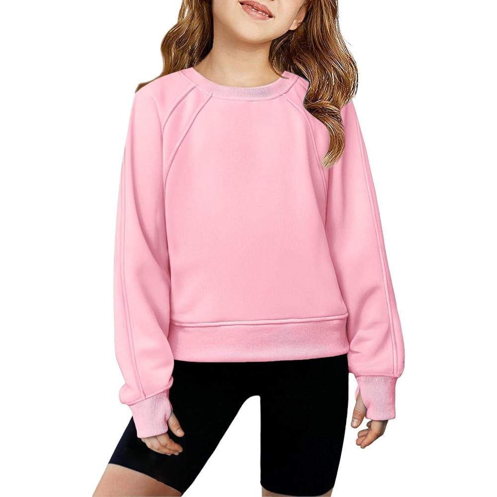 imageArshiner Girls Sweatshirt Crop Tops for Teens Cropped Crewneck Pullover Ribbed Long Sleeve Shirts Thumb HoleLight Pink