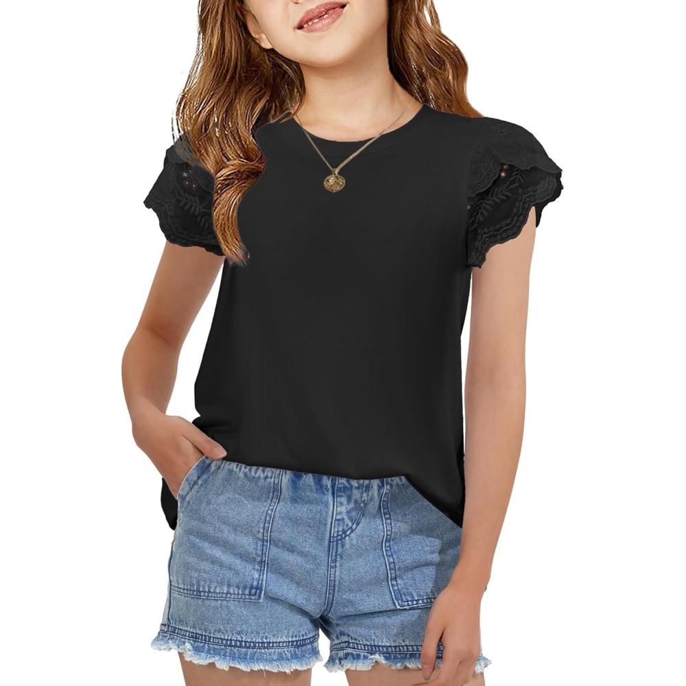 imageArshiner Girls T Shirts Lace Petal Short Sleeves Kids Crewneck Casual Blouse Summer Tops TeesBlack