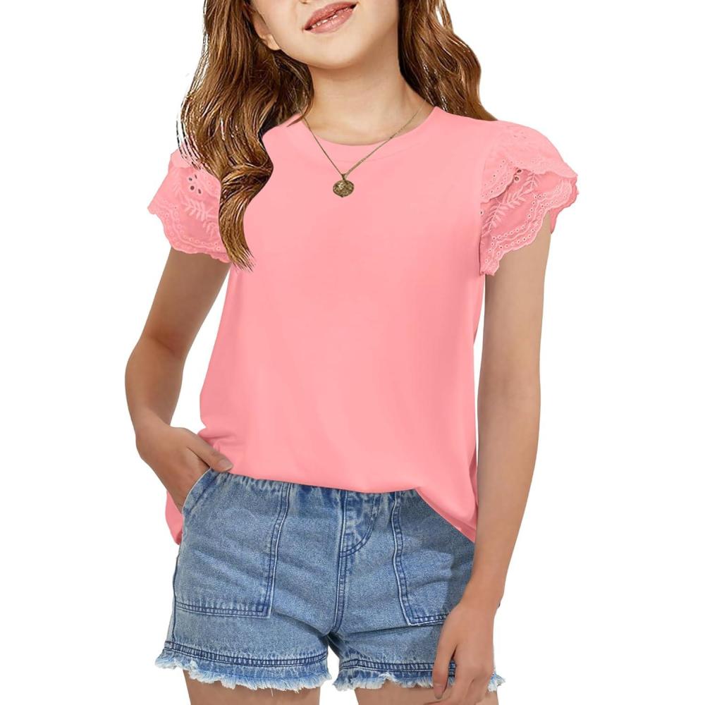 imageArshiner Girls T Shirts Lace Petal Short Sleeves Kids Crewneck Casual Blouse Summer Tops TeesCoral