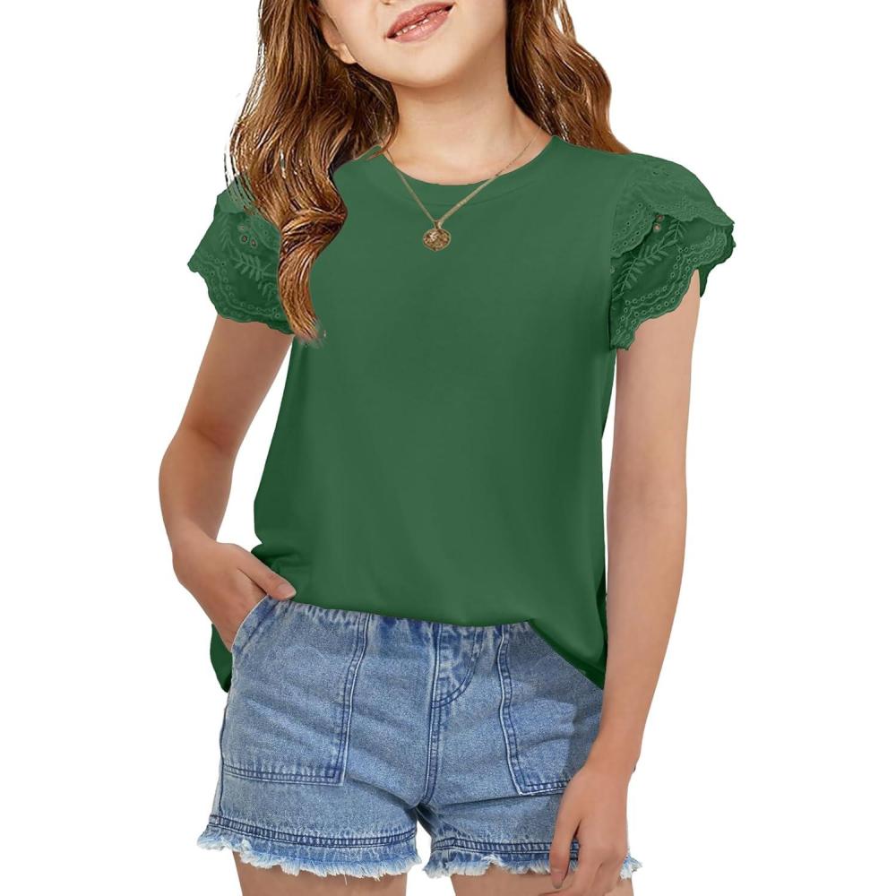 imageArshiner Girls T Shirts Lace Petal Short Sleeves Kids Crewneck Casual Blouse Summer Tops TeesGreen