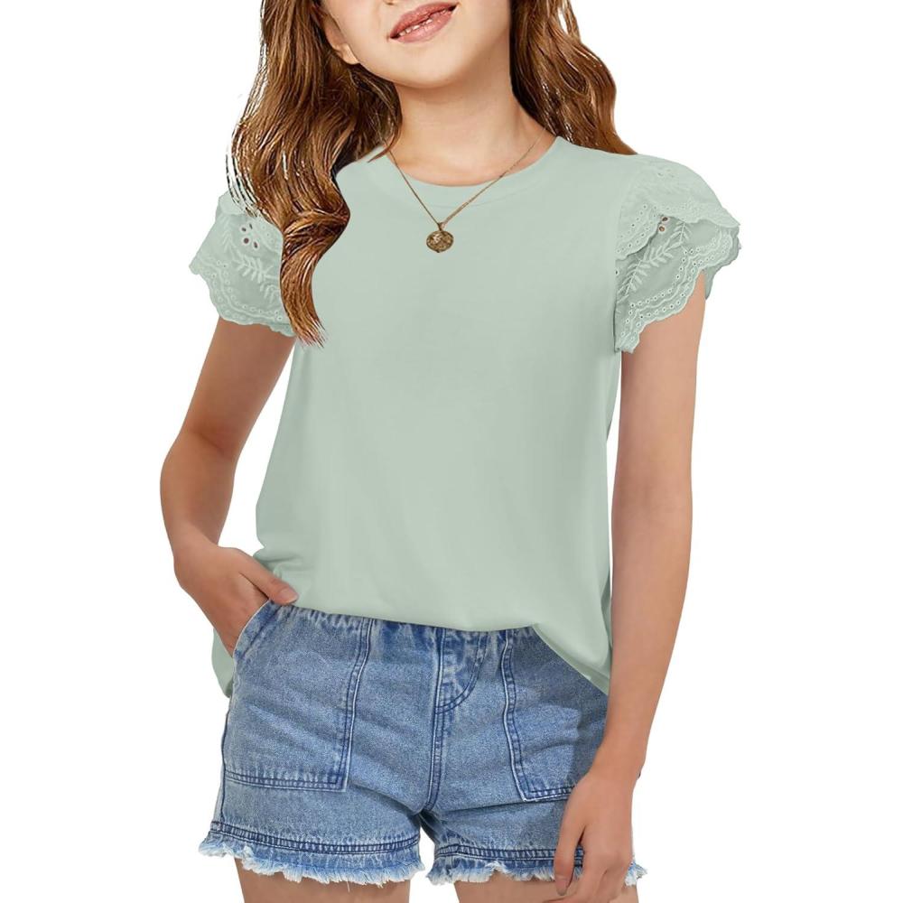 imageArshiner Girls T Shirts Lace Petal Short Sleeves Kids Crewneck Casual Blouse Summer Tops TeesLight Green