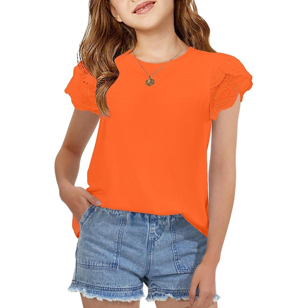 imageArshiner Girls T Shirts Lace Petal Short Sleeves Kids Crewneck Casual Blouse Summer Tops TeesOrange