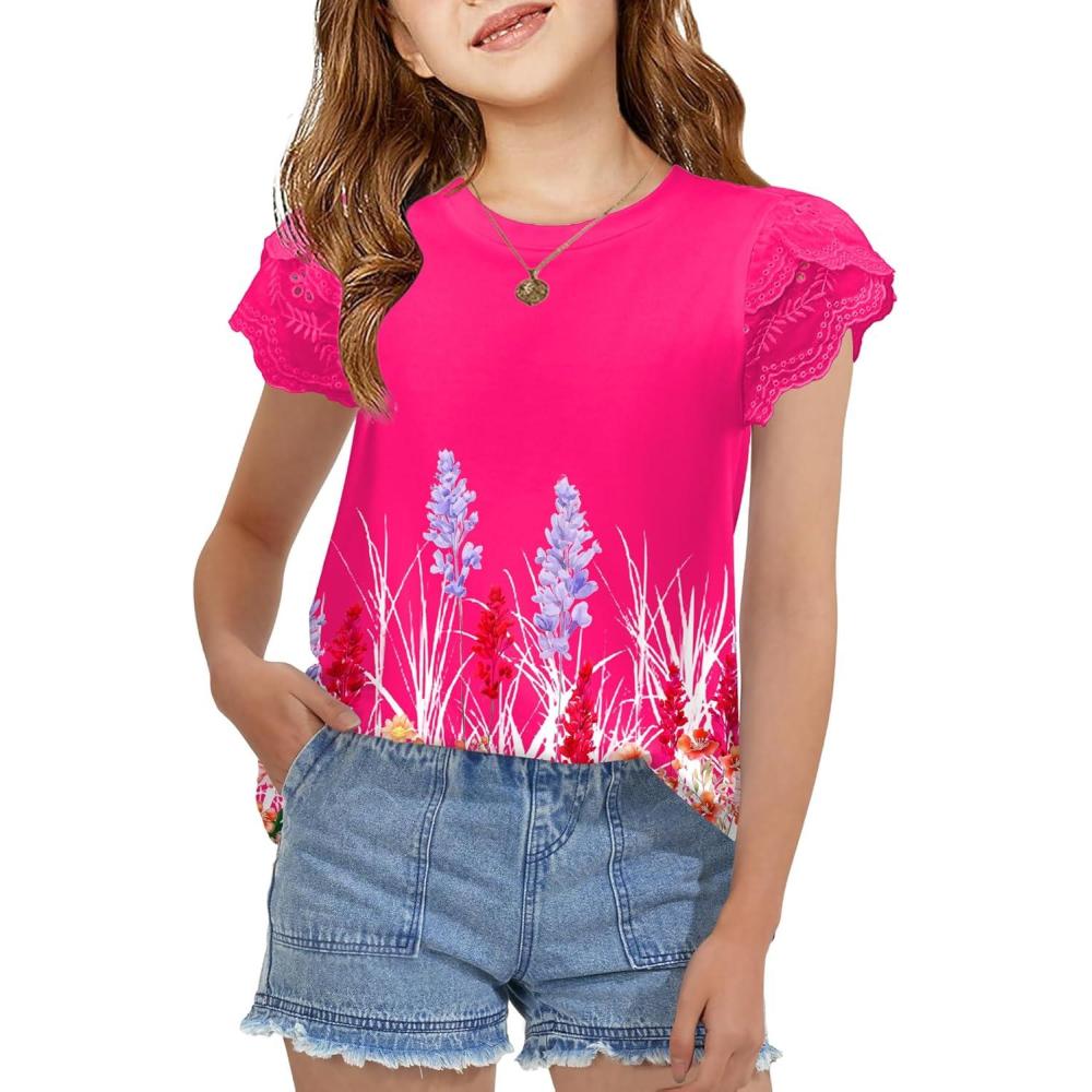 imageArshiner Girls T Shirts Lace Petal Short Sleeves Kids Crewneck Casual Blouse Summer Tops TeesPlantsFlowers
