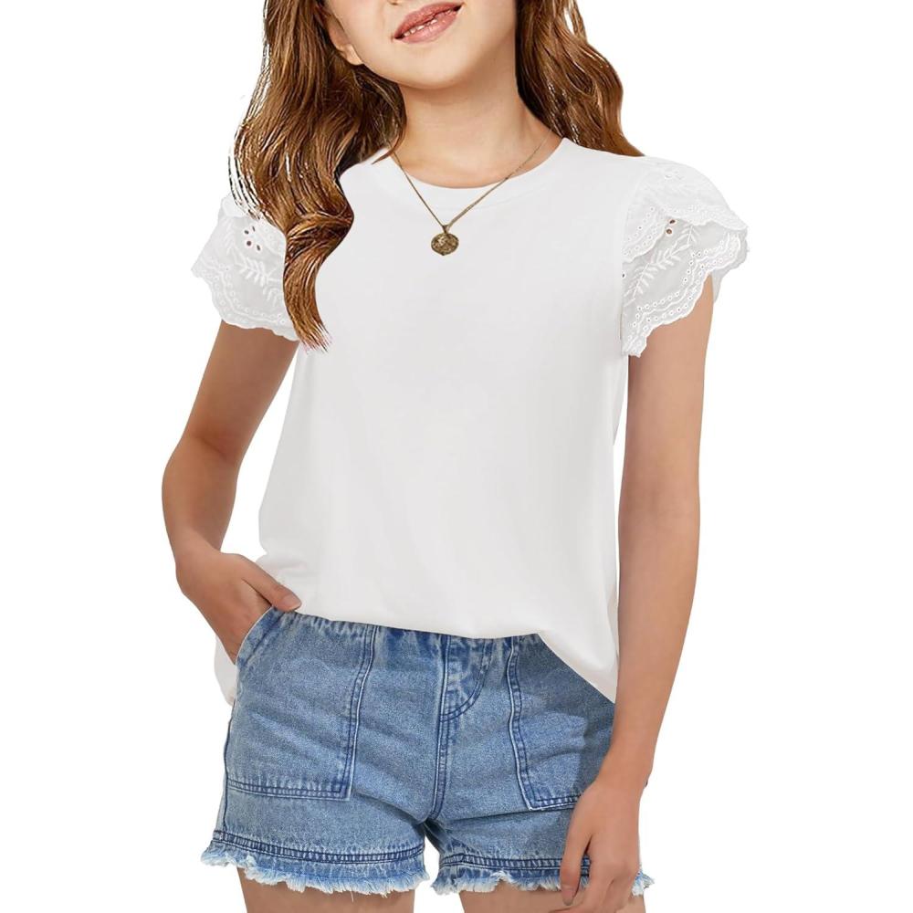 imageArshiner Girls T Shirts Lace Petal Short Sleeves Kids Crewneck Casual Blouse Summer Tops TeesWhite