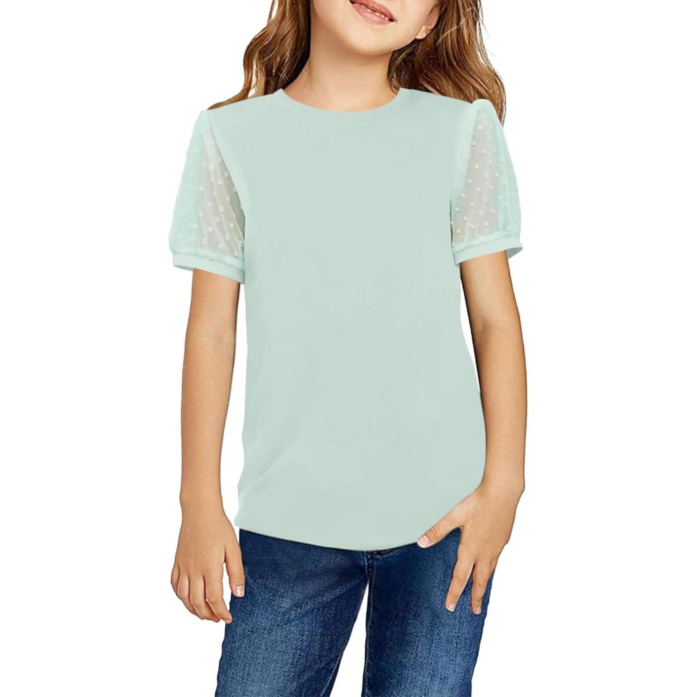 imageArshiner Girls T Shirts Puff Short Sleeves with Polka Swiss Dots Tops for Kids Casual Summer Blouse Tunic Tee TopsBean Green