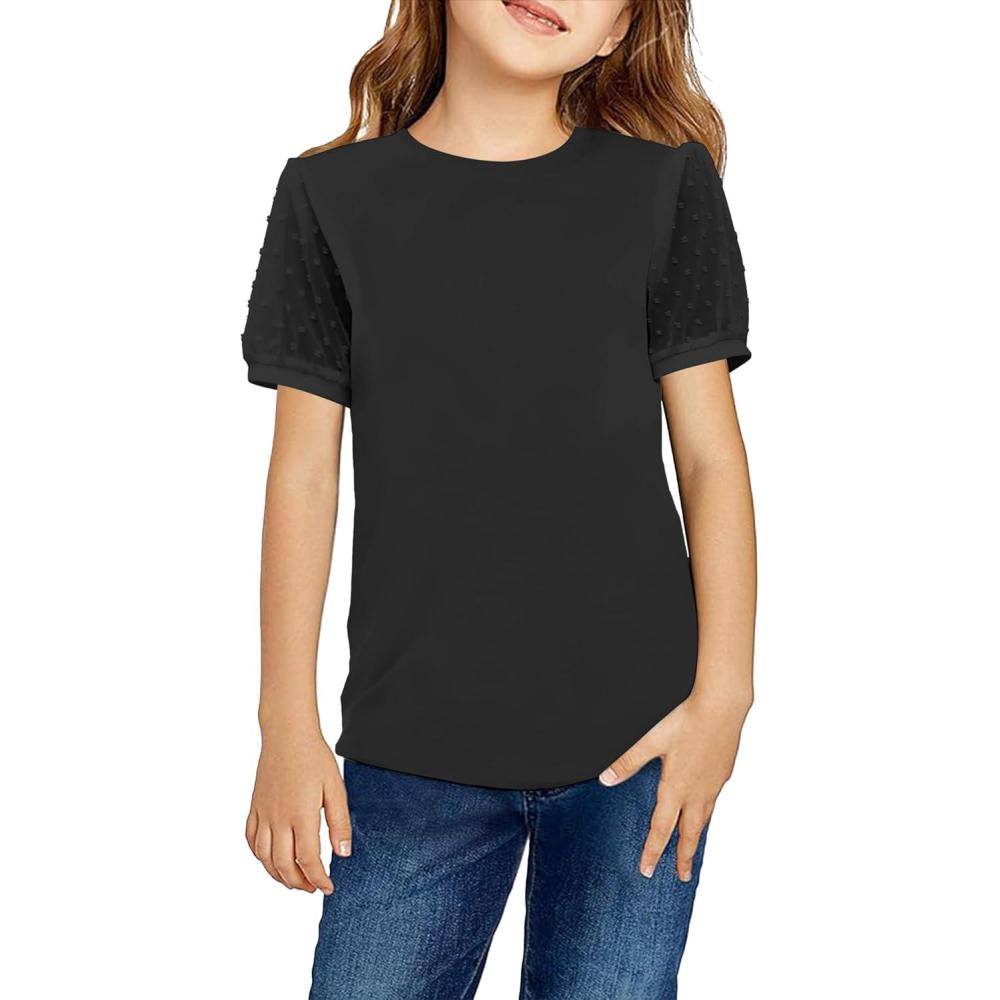 imageArshiner Girls T Shirts Puff Short Sleeves with Polka Swiss Dots Tops for Kids Casual Summer Blouse Tunic Tee TopsBlack