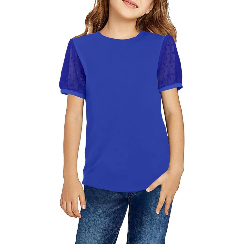 imageArshiner Girls T Shirts Puff Short Sleeves with Polka Swiss Dots Tops for Kids Casual Summer Blouse Tunic Tee TopsDeep Blue