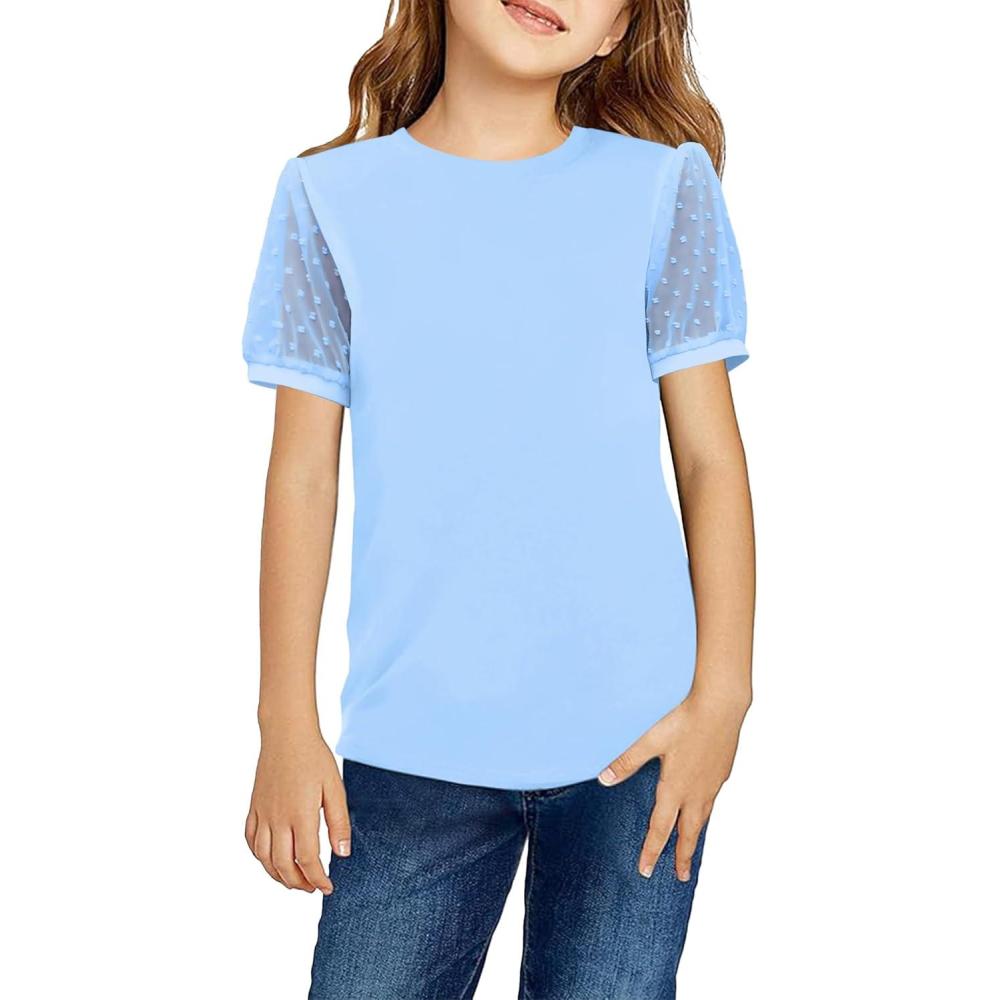 imageArshiner Girls T Shirts Puff Short Sleeves with Polka Swiss Dots Tops for Kids Casual Summer Blouse Tunic Tee TopsLight Blue