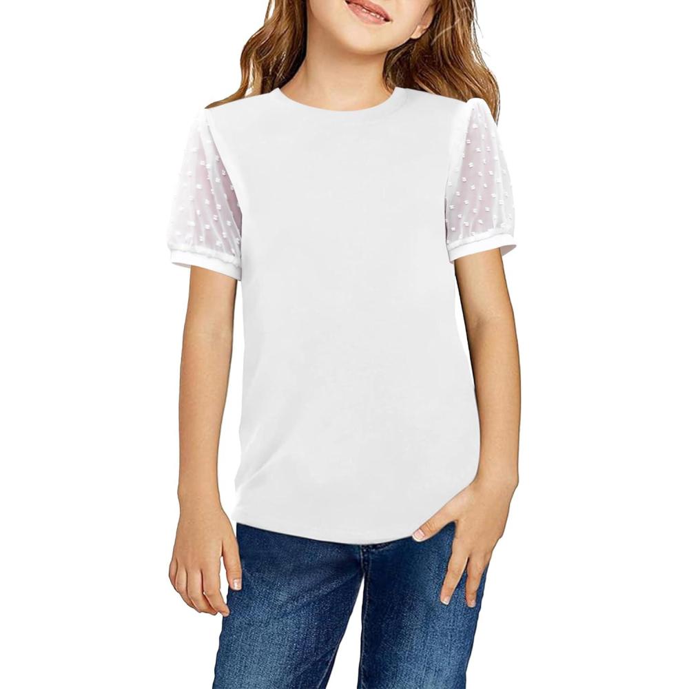 imageArshiner Girls T Shirts Puff Short Sleeves with Polka Swiss Dots Tops for Kids Casual Summer Blouse Tunic Tee TopsWhite