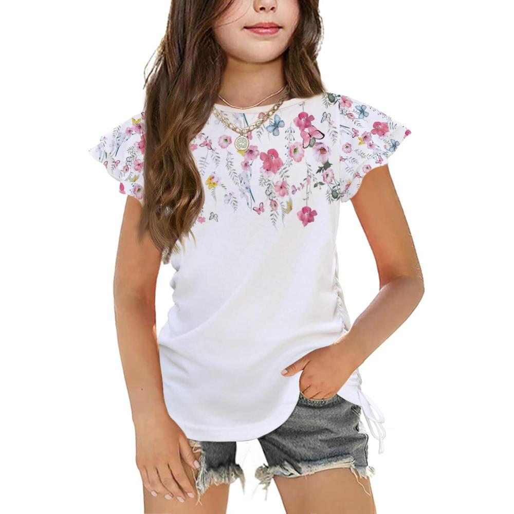 imageArshiner Girls T Shirts Ruffle Short Sleeve Ruched Knot Side Tunic Blouse Summer Tee TopsFlowers
