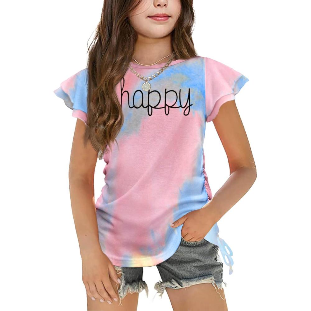 imageArshiner Girls T Shirts Ruffle Short Sleeve Ruched Knot Side Tunic Blouse Summer Tee TopsHappy