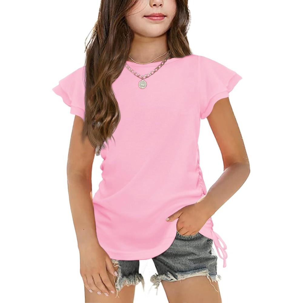 imageArshiner Girls T Shirts Ruffle Short Sleeve Ruched Knot Side Tunic Blouse Summer Tee TopsLight Pink