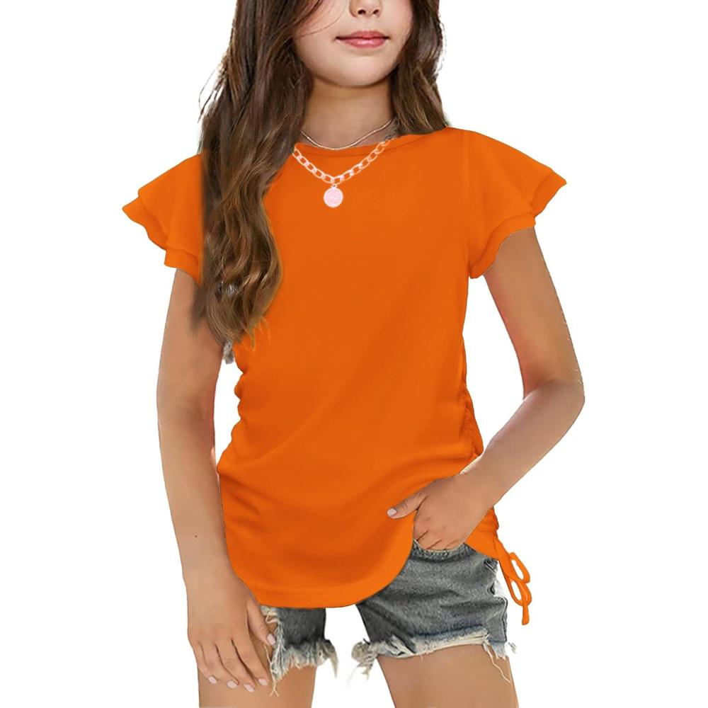imageArshiner Girls T Shirts Ruffle Short Sleeve Ruched Knot Side Tunic Blouse Summer Tee TopsOrange