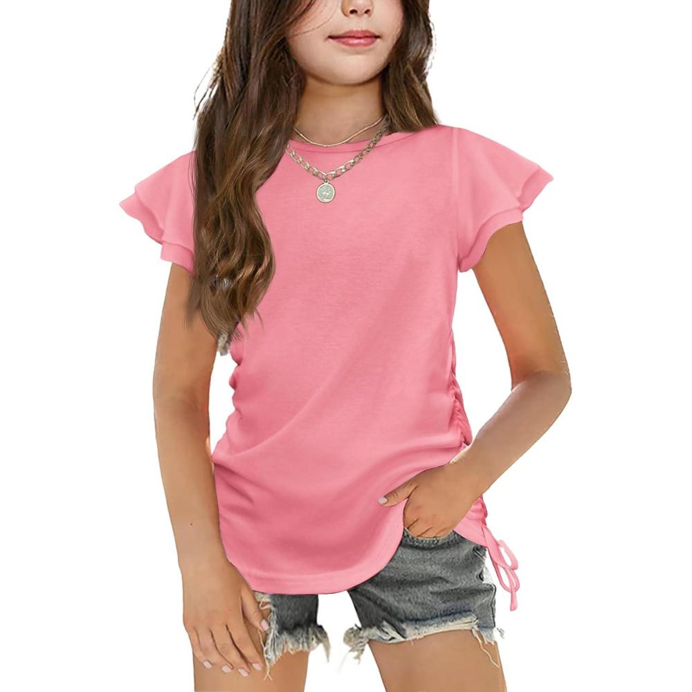 imageArshiner Girls T Shirts Ruffle Short Sleeve Ruched Knot Side Tunic Blouse Summer Tee TopsPink
