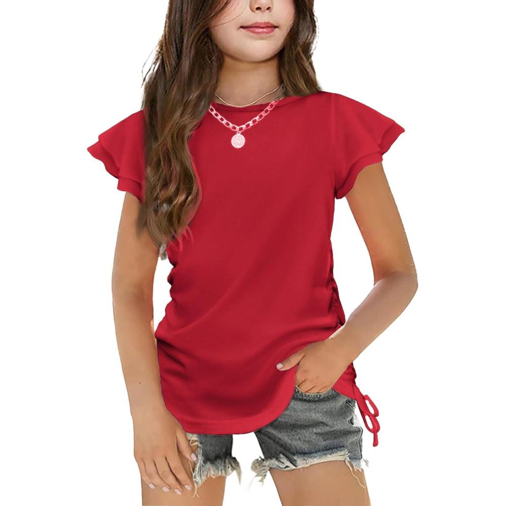 imageArshiner Girls T Shirts Ruffle Short Sleeve Ruched Knot Side Tunic Blouse Summer Tee TopsRed