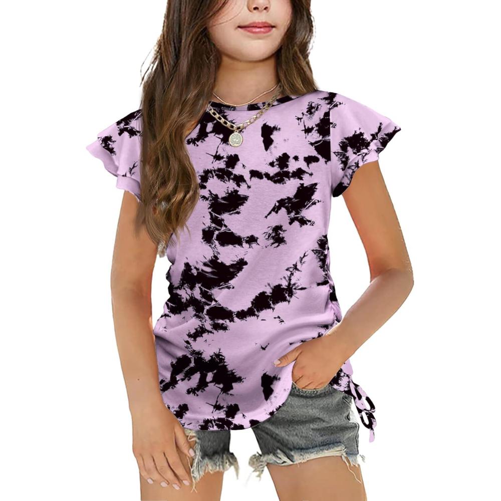 imageArshiner Girls T Shirts Ruffle Short Sleeve Ruched Knot Side Tunic Blouse Summer Tee TopsTie Dye