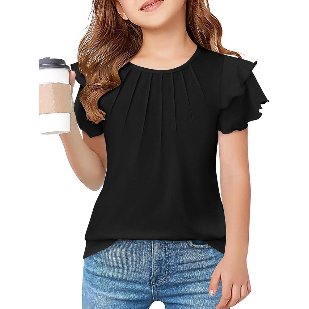 imageArshiner Girls T Shirts Ruffle Short Sleeve Summer Pleated Crewneck Casual Tops Tees BlousesBlack