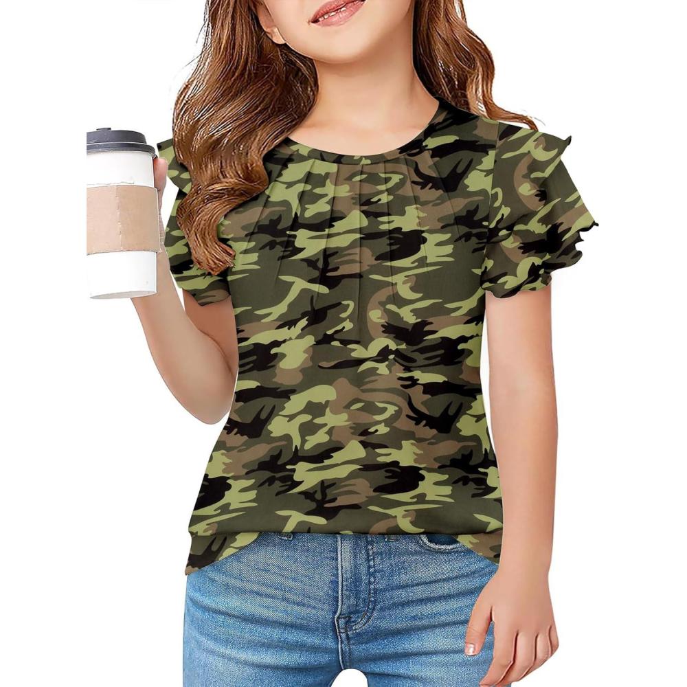 imageArshiner Girls T Shirts Ruffle Short Sleeve Summer Pleated Crewneck Casual Tops Tees BlousesCamo
