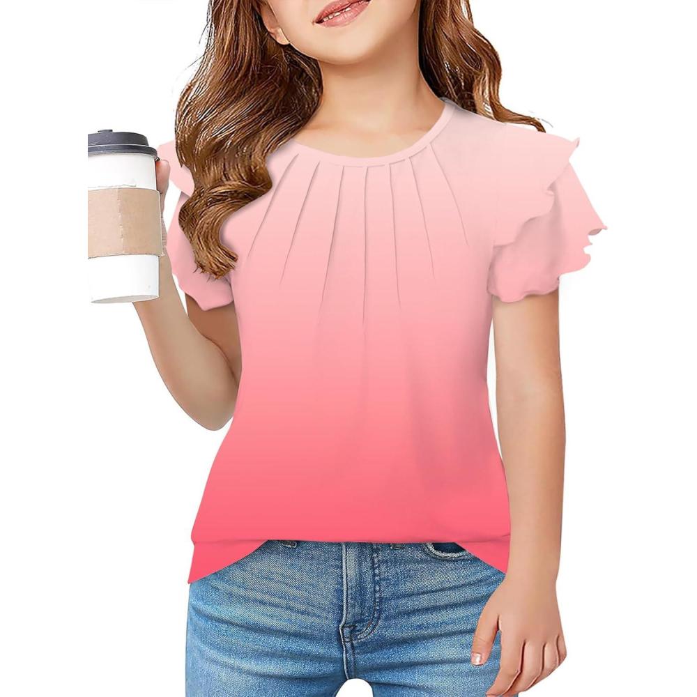 imageArshiner Girls T Shirts Ruffle Short Sleeve Summer Pleated Crewneck Casual Tops Tees BlousesGradient Light Pink