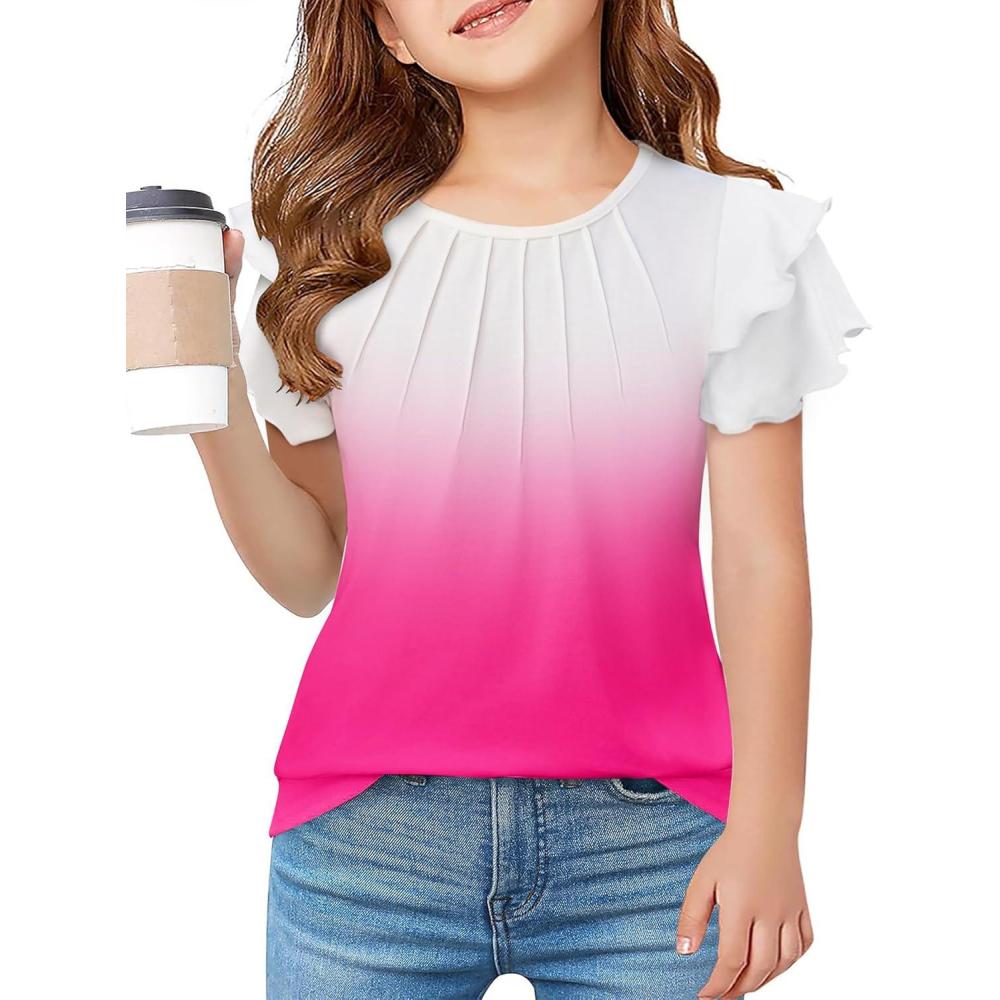 imageArshiner Girls T Shirts Ruffle Short Sleeve Summer Pleated Crewneck Casual Tops Tees BlousesGradient Pink