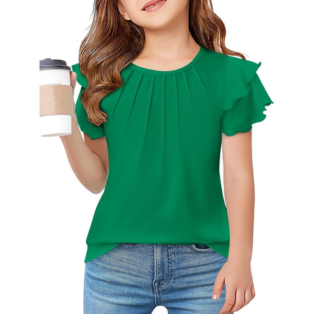imageArshiner Girls T Shirts Ruffle Short Sleeve Summer Pleated Crewneck Casual Tops Tees BlousesGreen