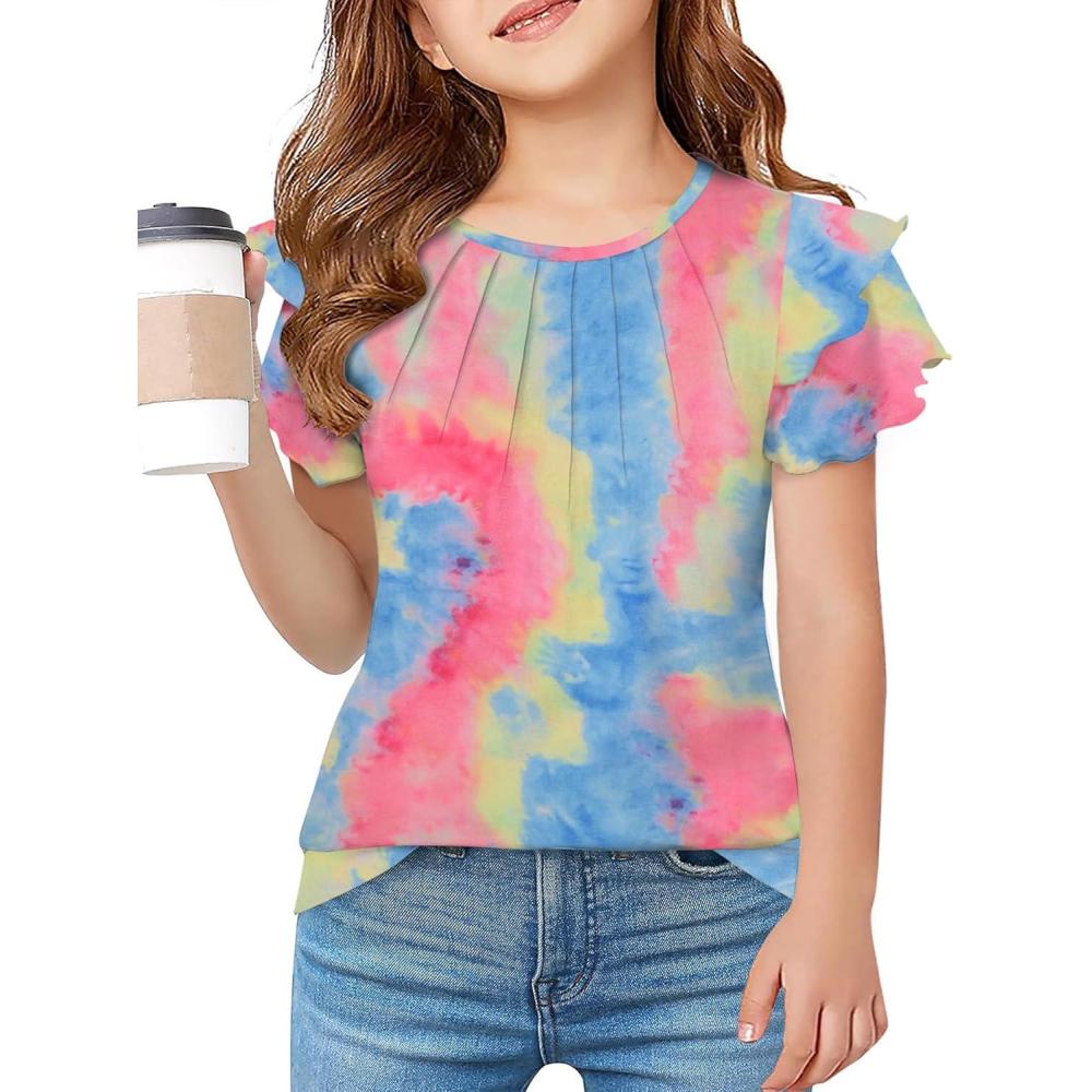 imageArshiner Girls T Shirts Ruffle Short Sleeve Summer Pleated Crewneck Casual Tops Tees BlousesTie Dye Blue