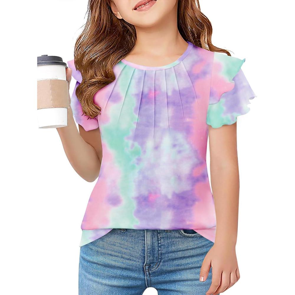 imageArshiner Girls T Shirts Ruffle Short Sleeve Summer Pleated Crewneck Casual Tops Tees BlousesTie Dye Purple