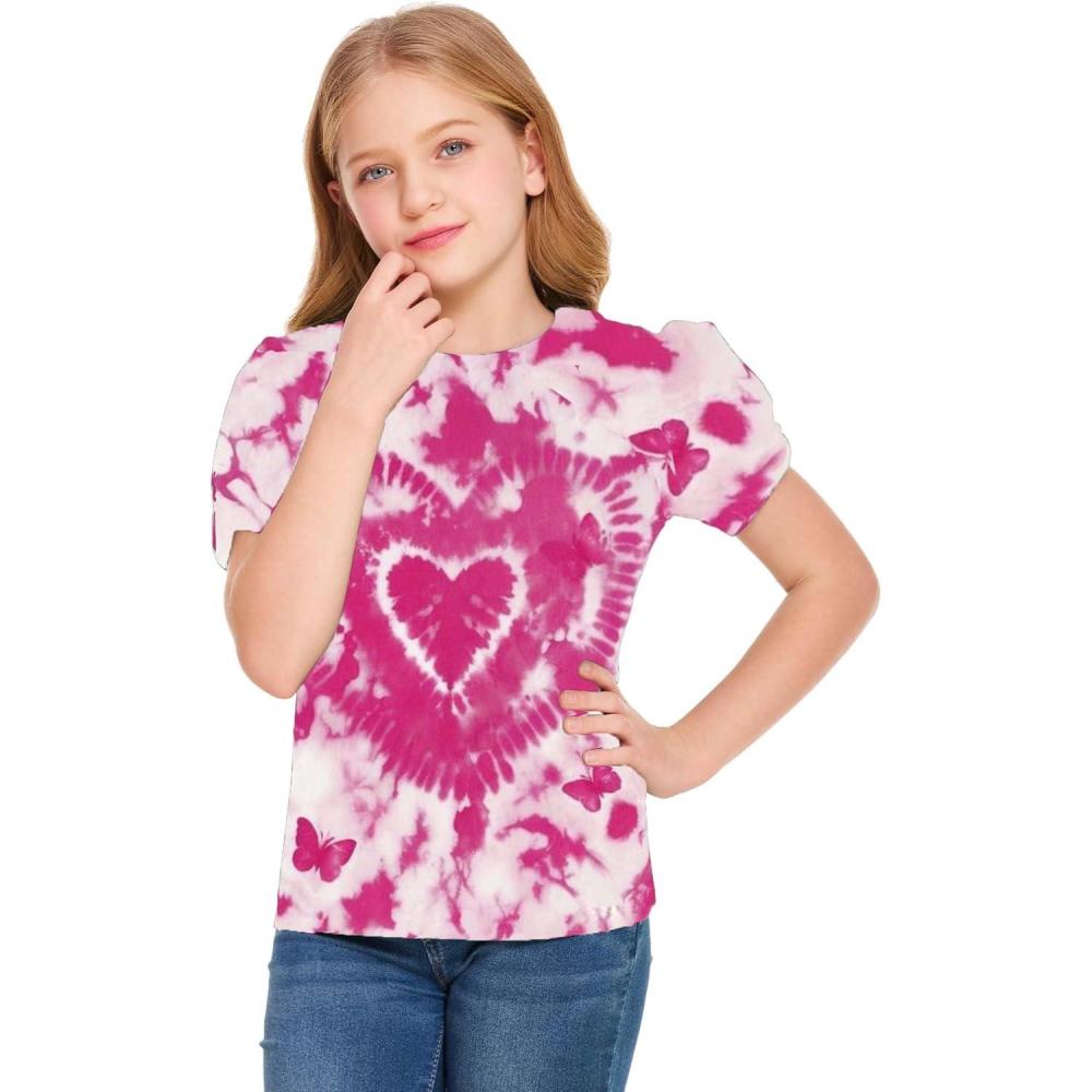 imageArshiner Girls T Shirts Twist Short Sleeve Summer Shirts Fashion Crewneck Tops Tee BlouseTie Dye Heart