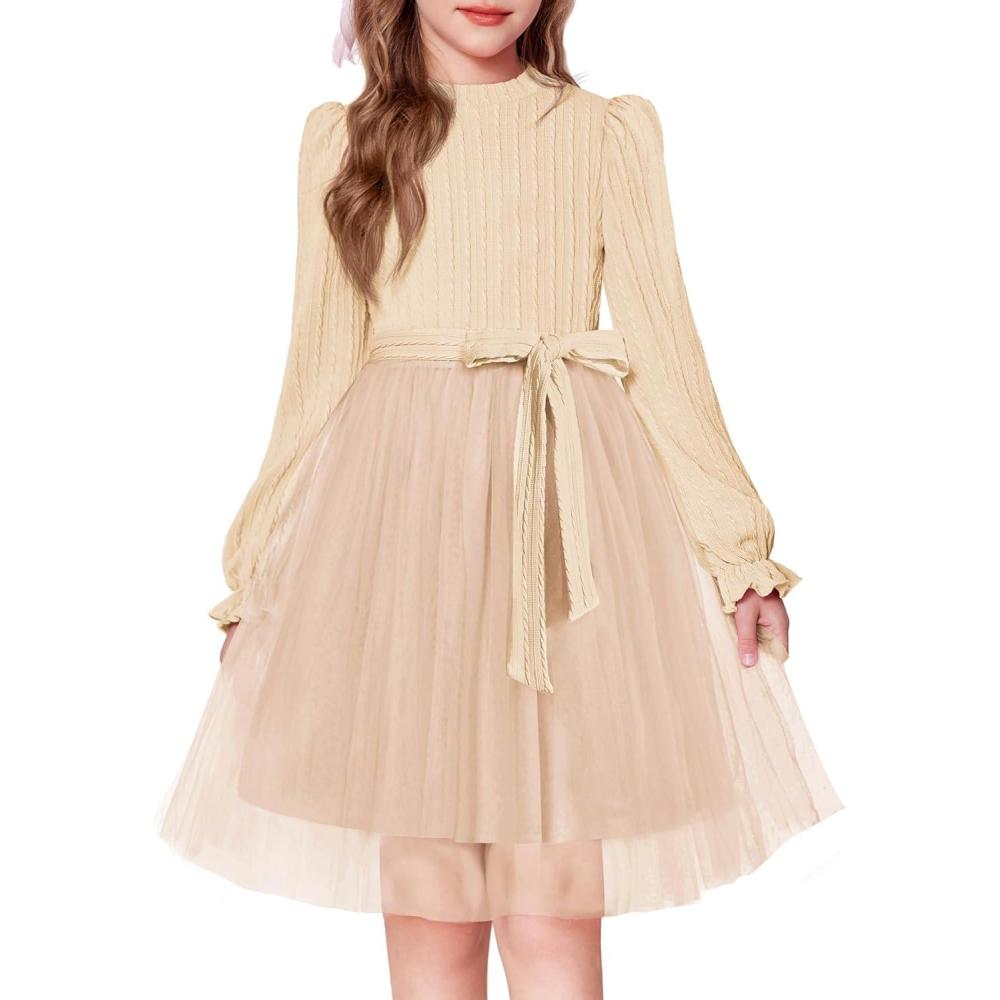 imageArshiner Girls Tulle Dress Puff Long Sleeve Mock Neck Cable Knit Sweater Formal Casual Fall Winter Tutu Dresses with BeltApricot