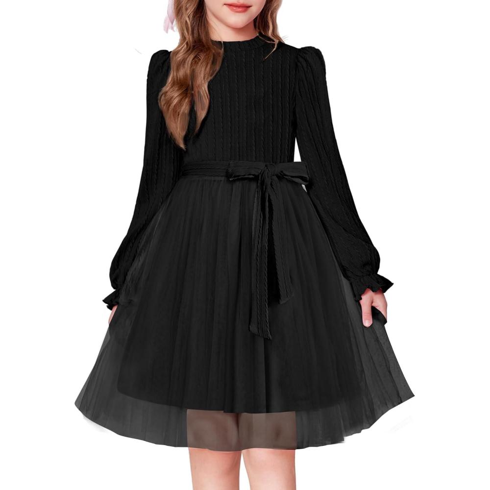 imageArshiner Girls Tulle Dress Puff Long Sleeve Mock Neck Cable Knit Sweater Formal Casual Fall Winter Tutu Dresses with BeltBlack