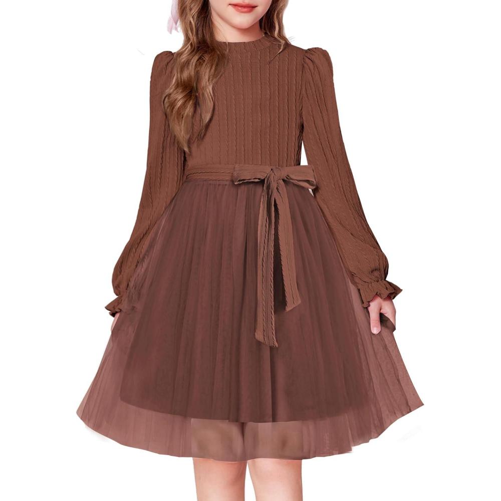 imageArshiner Girls Tulle Dress Puff Long Sleeve Mock Neck Cable Knit Sweater Formal Casual Fall Winter Tutu Dresses with BeltBrown