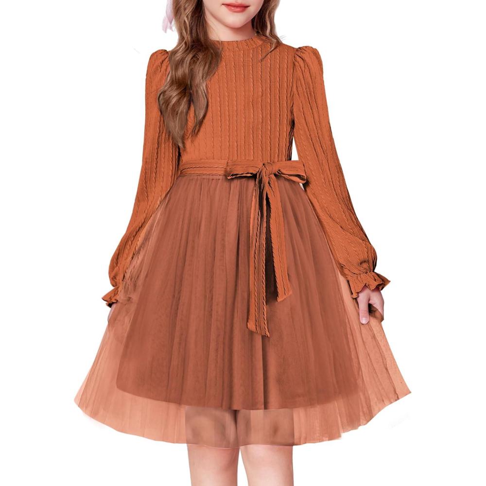 imageArshiner Girls Tulle Dress Puff Long Sleeve Mock Neck Cable Knit Sweater Formal Casual Fall Winter Tutu Dresses with BeltCaramel
