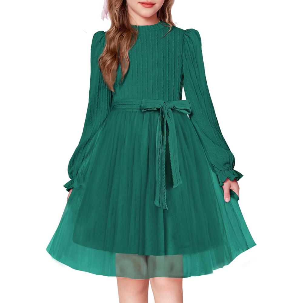 imageArshiner Girls Tulle Dress Puff Long Sleeve Mock Neck Cable Knit Sweater Formal Casual Fall Winter Tutu Dresses with BeltGreen